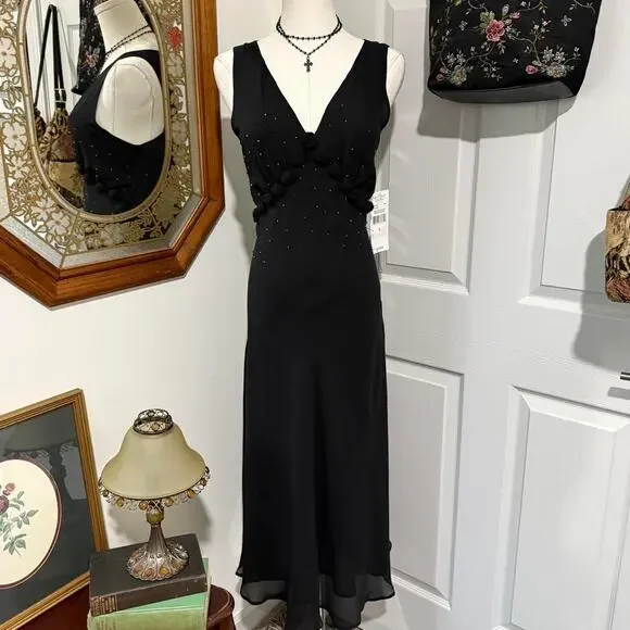 NWT VTG Y2K Karen Kane Black Silk Rosette Beaded Plunge Dark Fairy Maxi Dress L - Picture 1 of 8